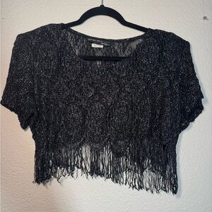 Metallic Black Fringe Crop Sweater - Women